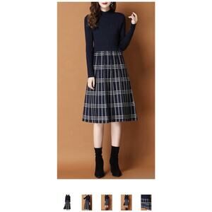 chouyatou Women's Vintage Plaid Checkered Knitted Dress - XL Navy - New!